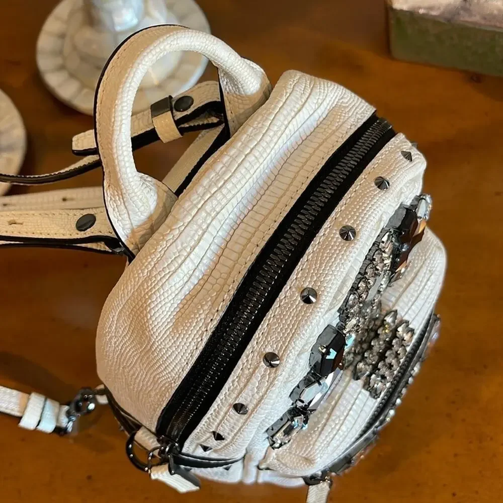 MCM Swarovski Crystal Crocodile Leather Mini Backpack White NWOT